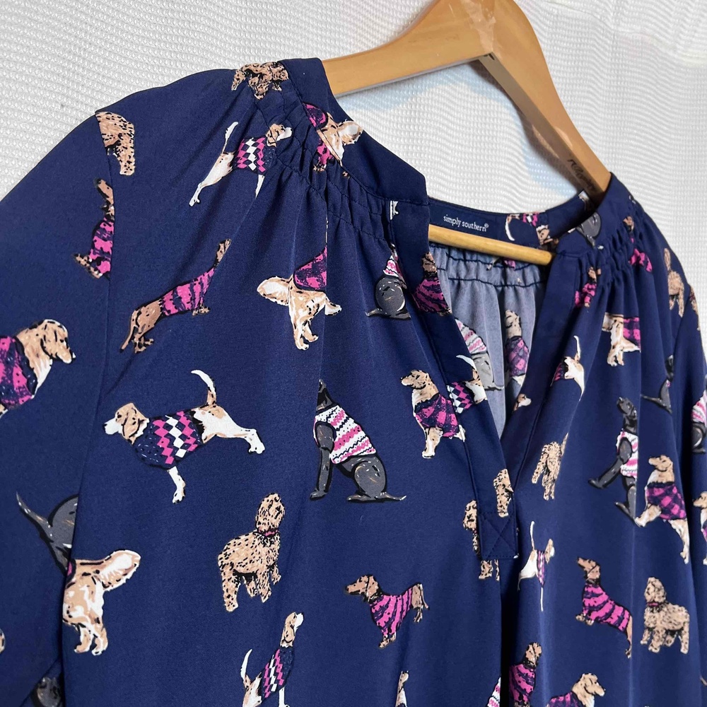 Simply Southern Navy Blue‎ Small Long Sleeve Dog Print Button Front Blouse